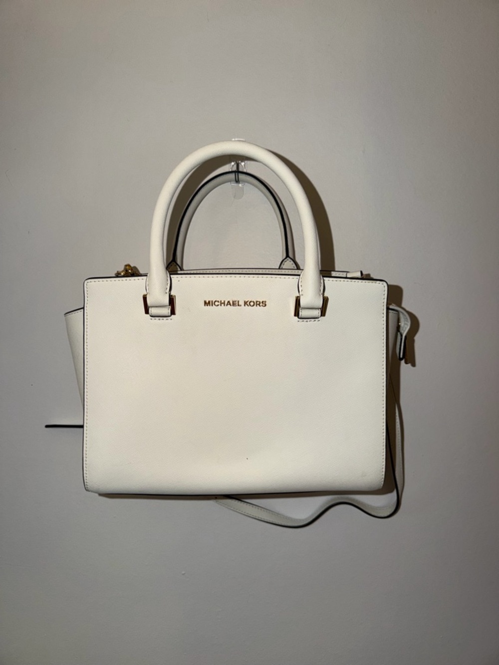 Michael Kors Cream Leather Structured Satchel with Gold Hardware